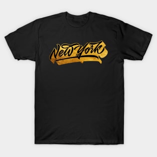 New York lettering calligraphy in black and gold T-Shirt